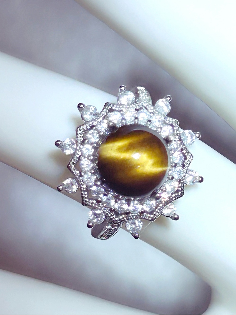 AAA Grade Natural Tiger’s Eye 10mm Gemstone CZ Halo Silver Ring w/box